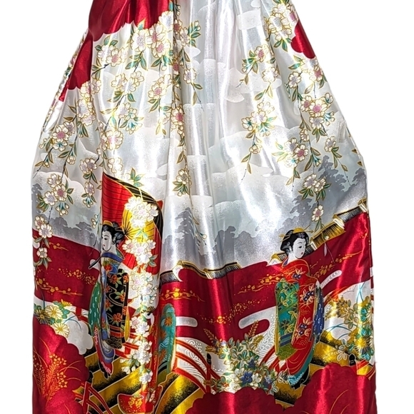 Vintage Satin Authentic Japanese Kimono Open Front Sash Tie Red White Maxi OS - Picture 10 of 13